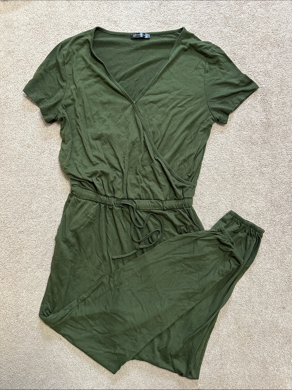 Wrap-Front Olive Green Jumpsuit with Drawstring Waist